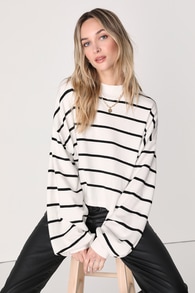 Cruising for Cozy White Striped Knit Balloon Sleeve Sweater