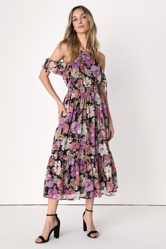Black Floral Print Dress - Midi Dress - Cold Shoulder Dress - Lulus