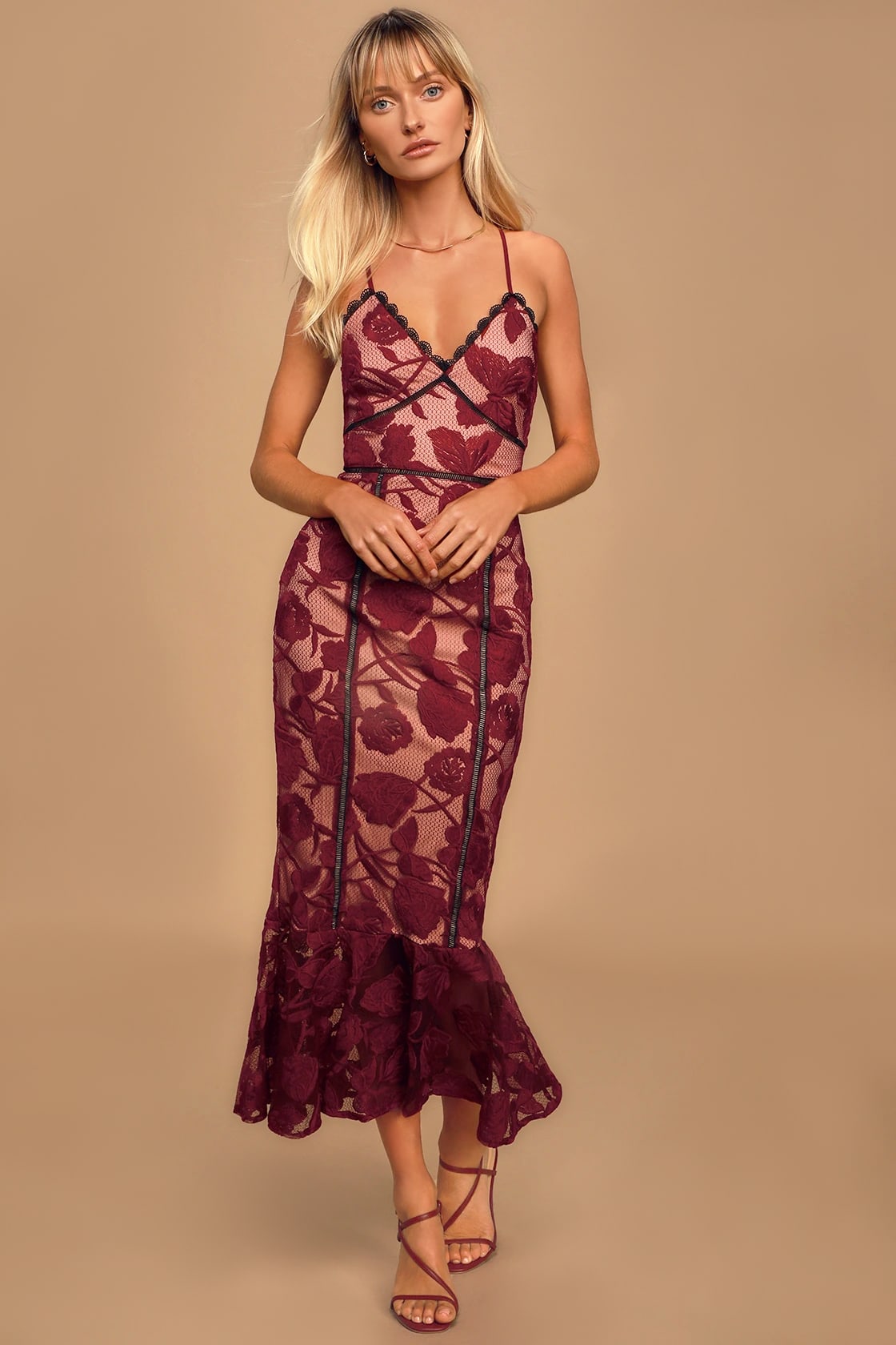 Alluring Dream Burgundy Floral Mesh Lace Trumpet Midi Dress