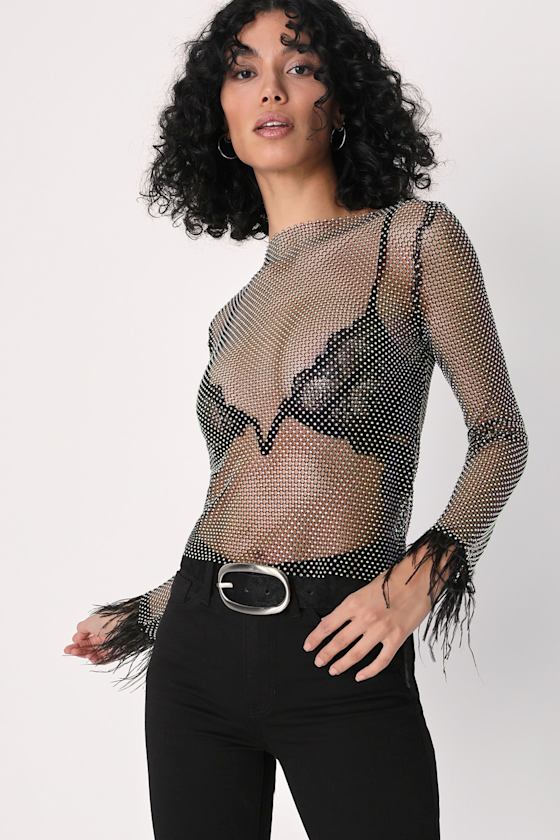 Charlize Black Mesh Rhinestone Long Sleeve Top 7