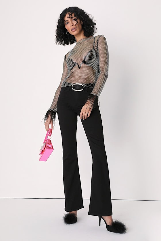 Charlize Black Mesh Rhinestone Long Sleeve Top 8
