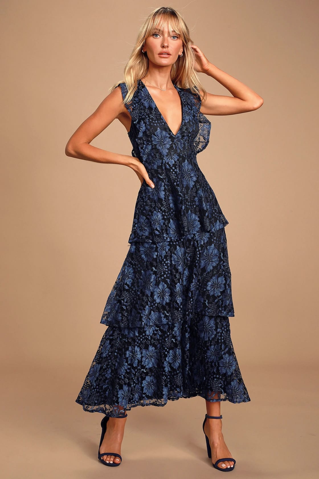 Molinetto Navy Blue Lace Ruffled Tiered Sleeveless Maxi Dress