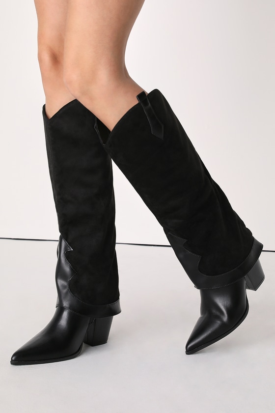 Yoha Black Suede Fold-Over Knee-High Western Boots
