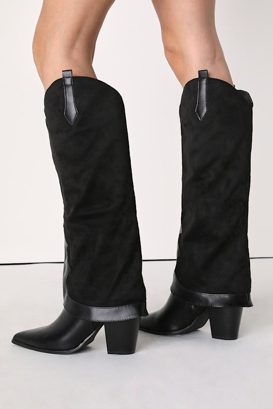 Yoha Black Suede Fold-Over Knee-High Western Boots 5