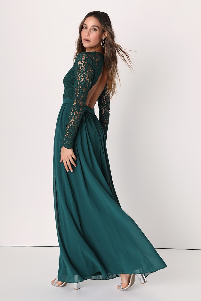 slim fit dress slacks Dark Green See Through Lace Dress with Sleeves in Dark Green