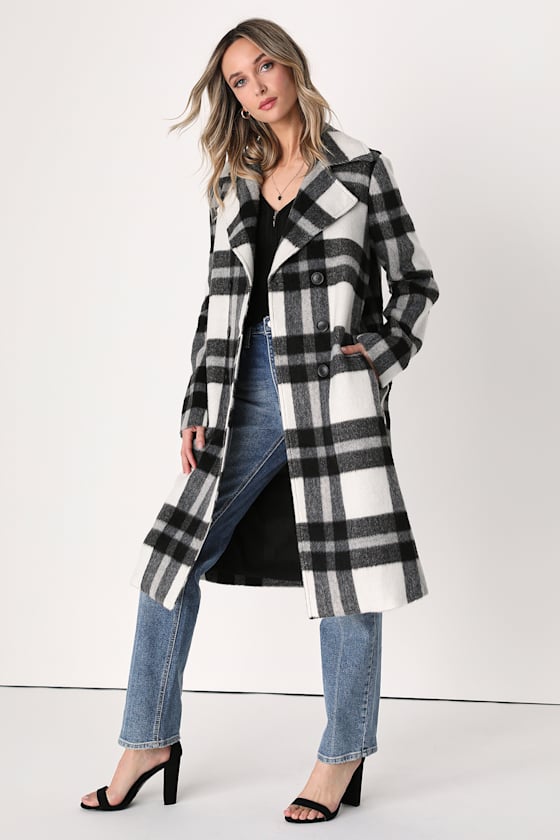 Snow Day Sensation Black and White Plaid Double-Breasted Coat 2