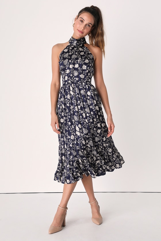 Navy Floral Dress - Floral Print Midi Dress - Halter Midi Dress - Lulus