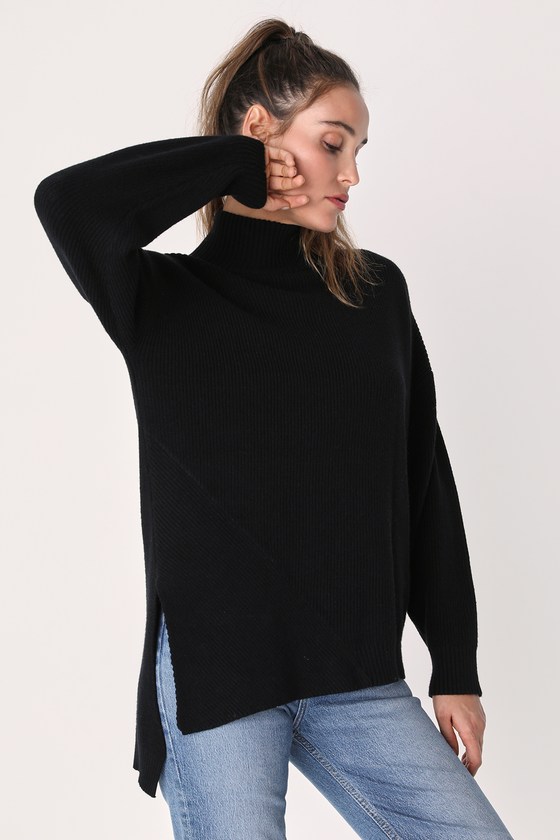 Black Knit Sweater - Asymmetrical Sweater - Mock Neck Sweater - Lulus