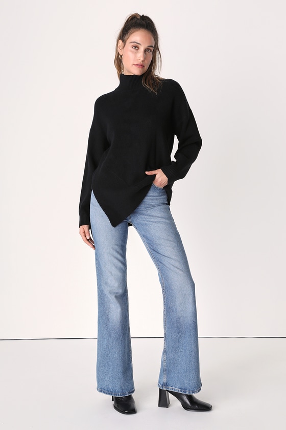 Black Knit Sweater - Asymmetrical Sweater - Mock Neck Sweater - Lulus