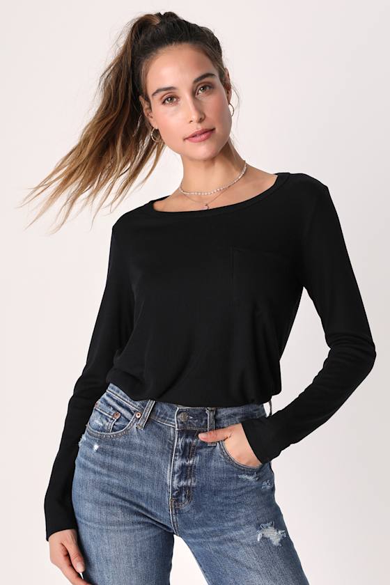 Cute Black Top Ribbed Knit Top Long Sleeve Knit Top Lulus