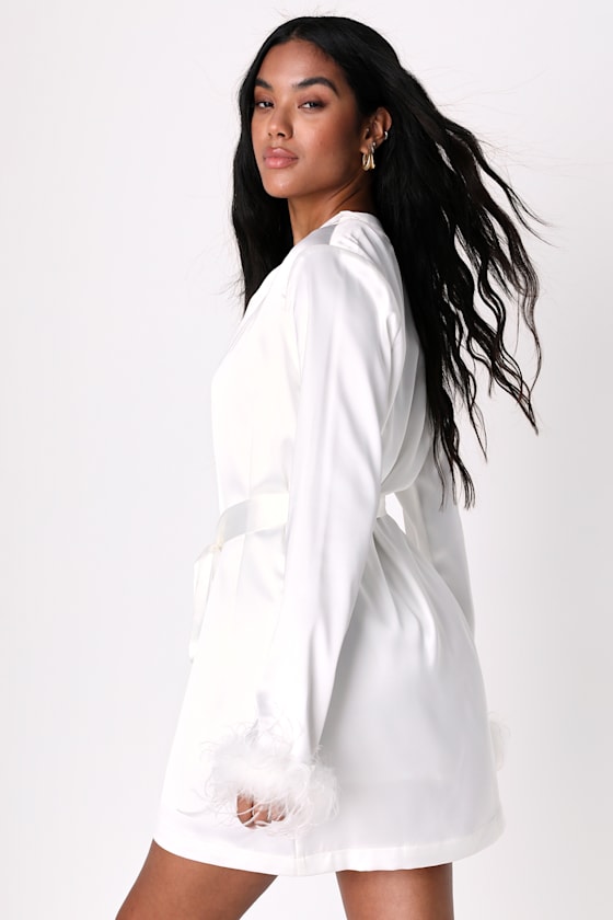 White Satin Robe - Feather-Trimmed Robe - Satin Bridal Robe - Lulus