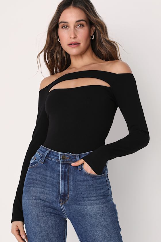 Black Cutout Bodysuit Long Sleeve OffTheShoulder Top Lulus