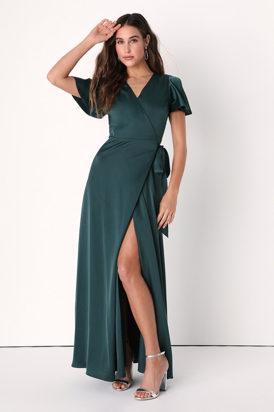 Lulus Effortless Enchantment Green Satin Surplice Wrap Maxi Dress