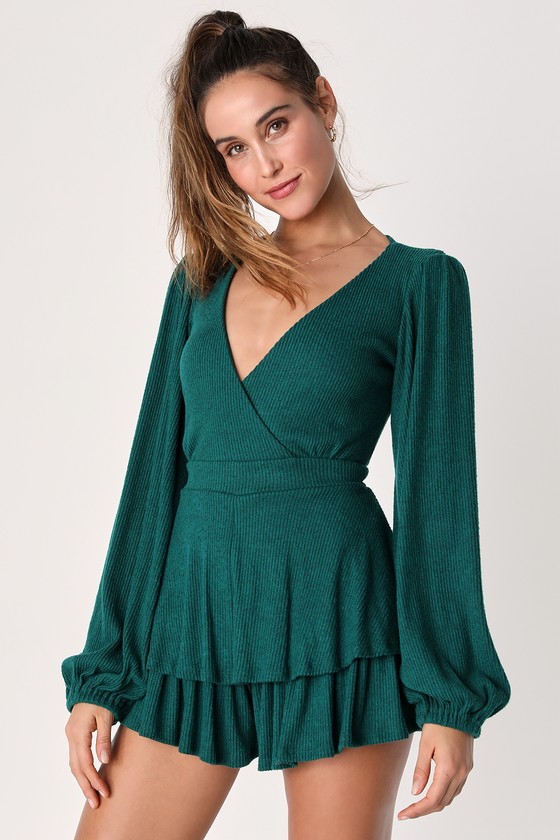 Emerald Green Romper Skort Romper Ribbed Knit Romper Lulus