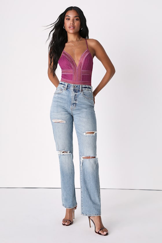 Sexy Purple Bodysuit - Lace Bodysuit - V-Neck Bodysuit - Lulus