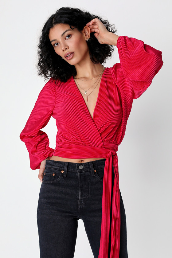 Berry Pink Plisse Top - Wrap Top - Cropped Long Sleeve Top - Lulus