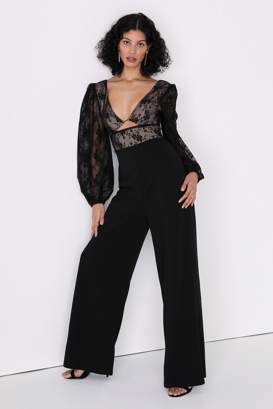 Black Lace Jumpsuit - Puff Sleeve Jumpsuit - Cutout Jumpsuit - Lulus