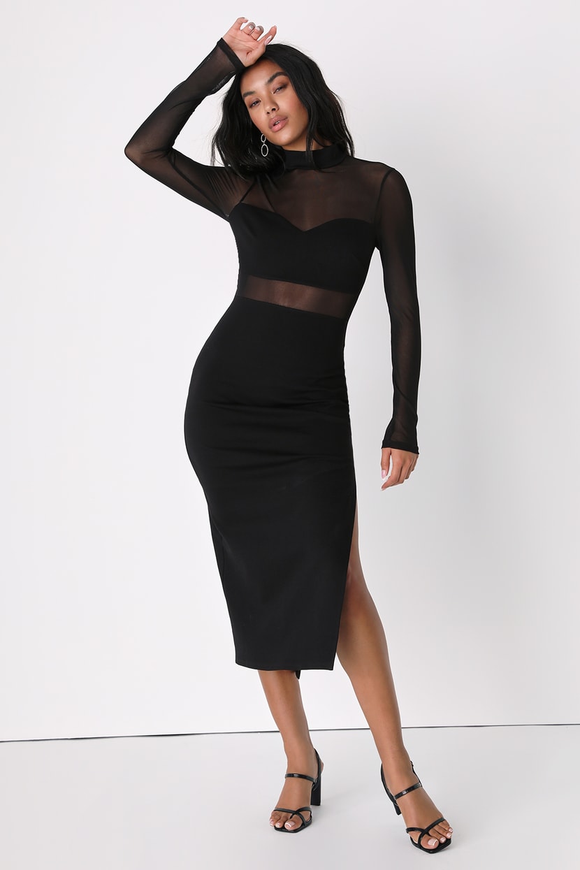 Sensational Soiree Black Mesh Long Sleeve Bodycon Midi Dress