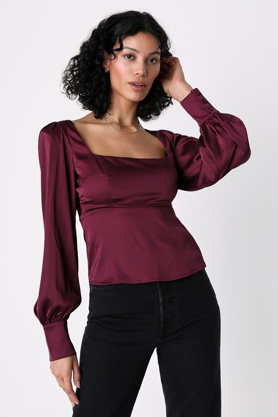 Purple Satin Top - Square Neck Top - Shoulder Pad Top - Lulus