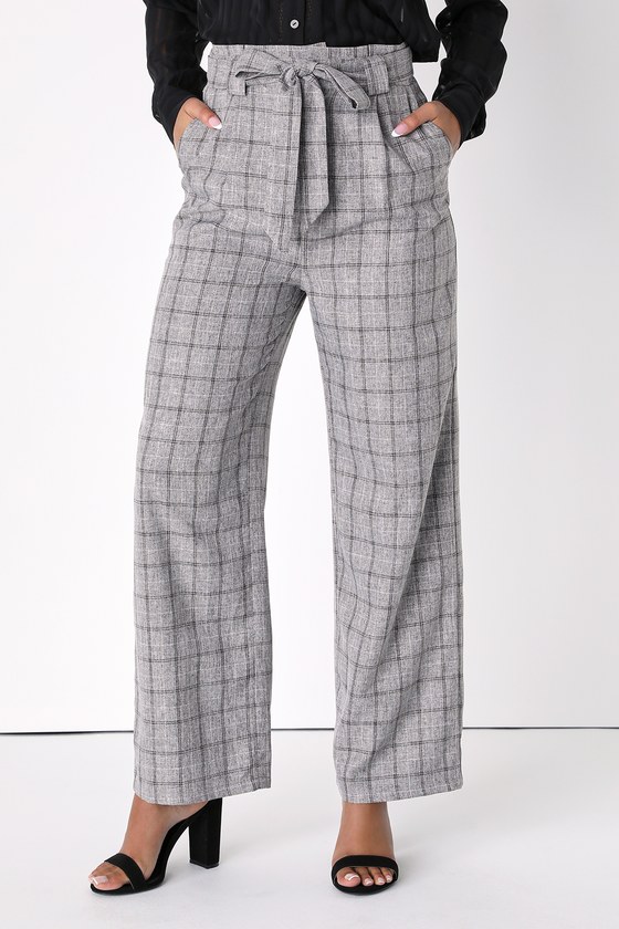 Grey and Black Plaid Pants - Paperbag Pants - High Waisted Pants - Lulus