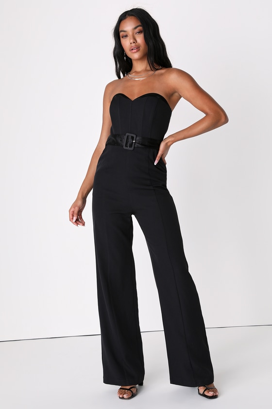 Black Strapless Jumpsuit - Bustier Jumpsuit - Belted Jumpsuit - Lulus