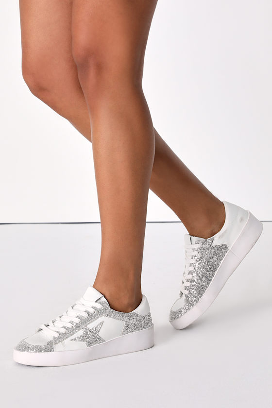 Steve Madden Perona Silver Glitter Sneakers LaceUp Sneakers Lulus