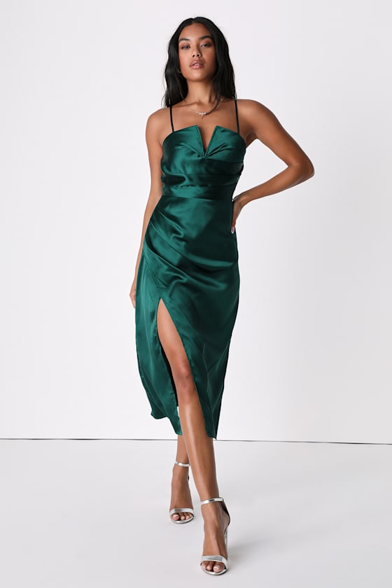 Down to Dance Emerald Green Satin Gathered Midi Dress 1