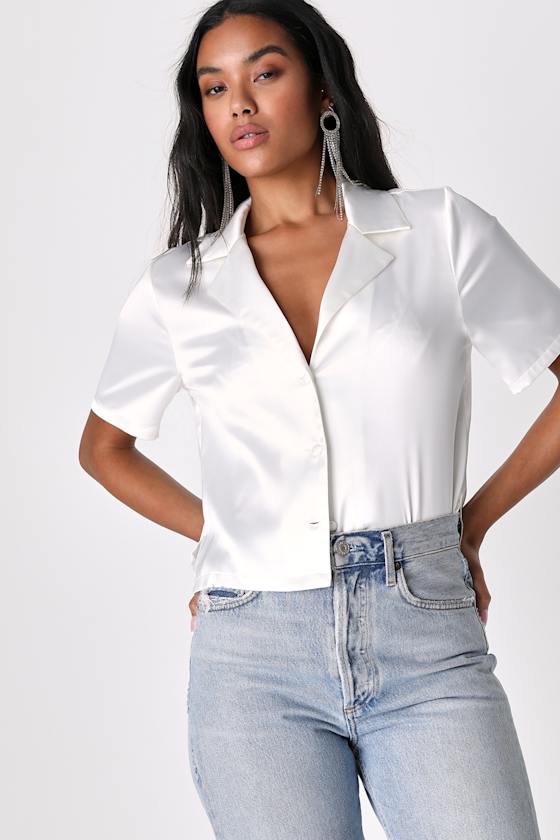C'est La Vie White Satin Short Sleeve Button-Down Top 1