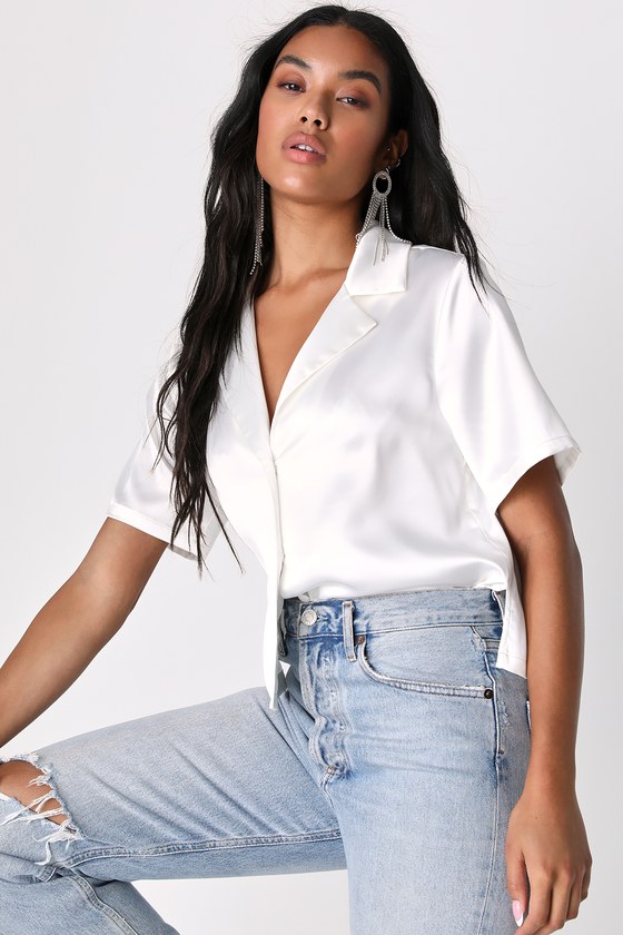 White Satin Top - Button-Up Satin Top - Women's Tops - Lulus