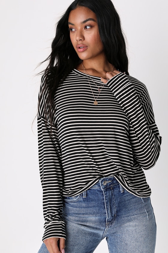 Cafe Charmer Black and White Striped Long Sleeve Top