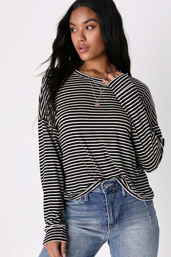Cafe Charmer Black and White Striped Long Sleeve Top 1