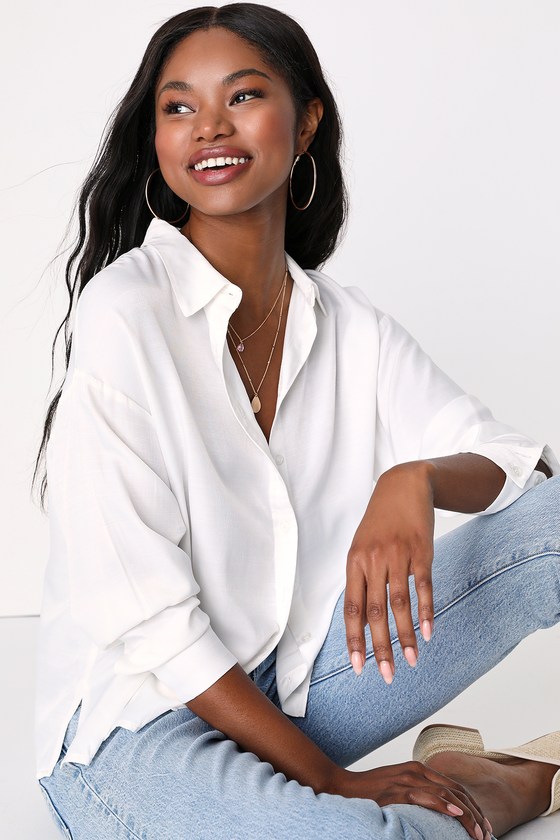 Lulus Casual Elegance White Long Sleeve Button-up Top