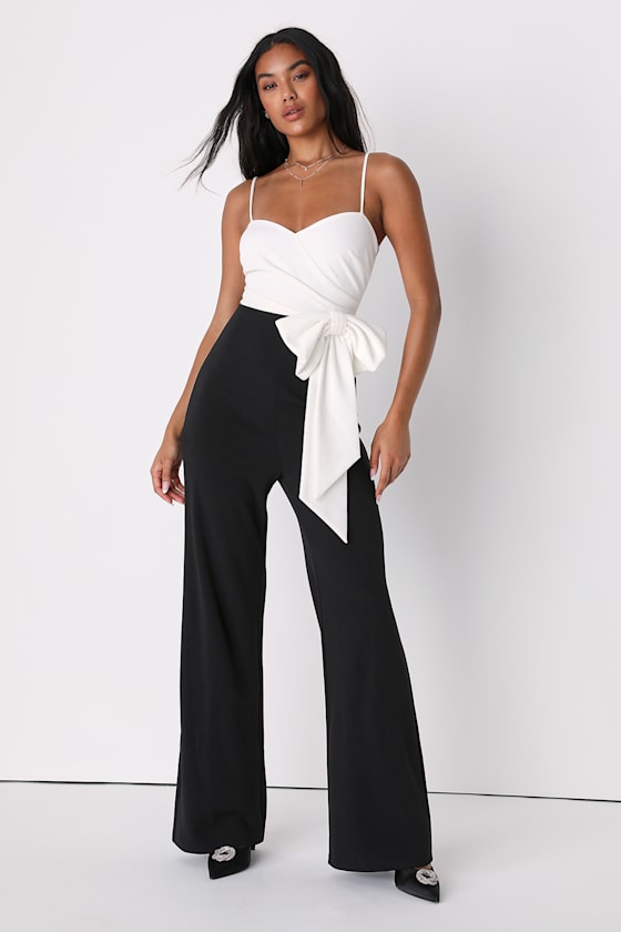 Black and White Jumpsuit Color Block Jumpsuit Bow Jumpsuit Lulus