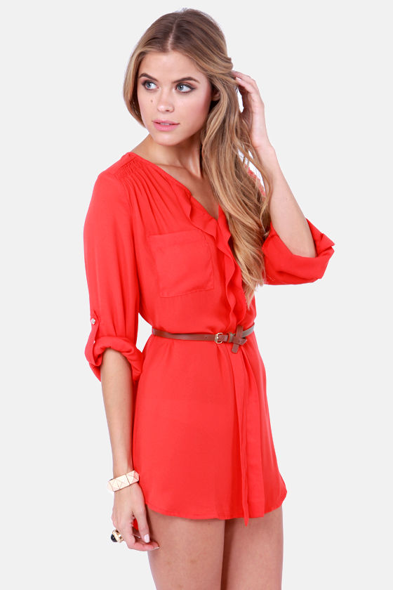 Cute Red Dress - Belted Dress - Shirt Dress - $42.00 - Lulus