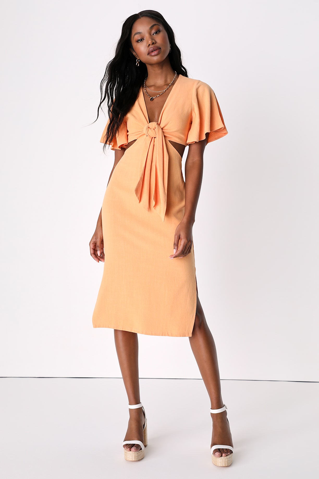 Summer Journey Light Orange Tie-Front Cutout Midi Dress