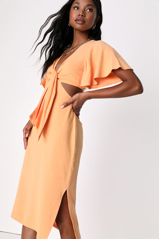 8409 Orange Tie Waist Midi Dress main image 0