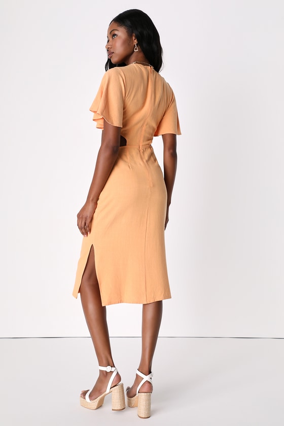 Thumbnail of Lulus Summer Journey Light Orange Tie-Front Cutout Midi Dress