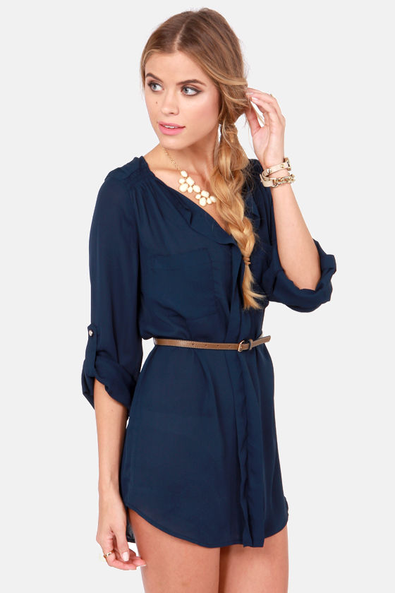 Cute Navy Blue Dress Belted Dress Shirt Dress 42.00 Lulus