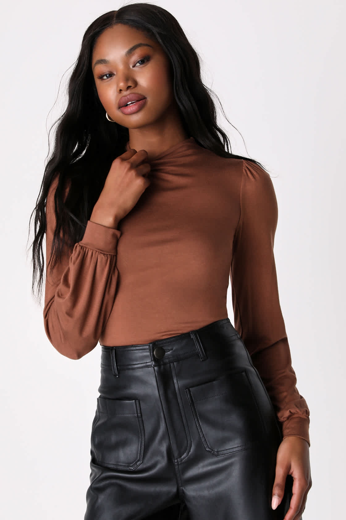 Long Sleeve Brushed Jersey Top With Pocket Brown main image 0