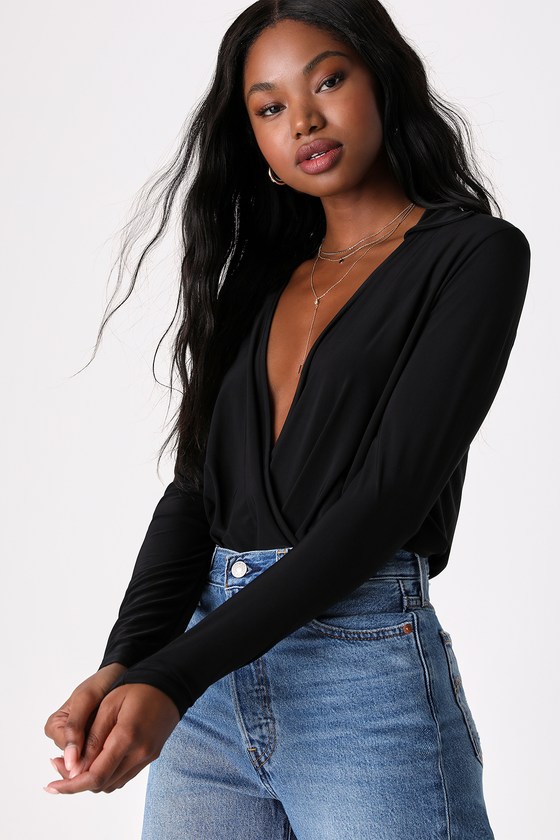 Effortlessly Modern Black Long Sleeve Surplice Bodysuit