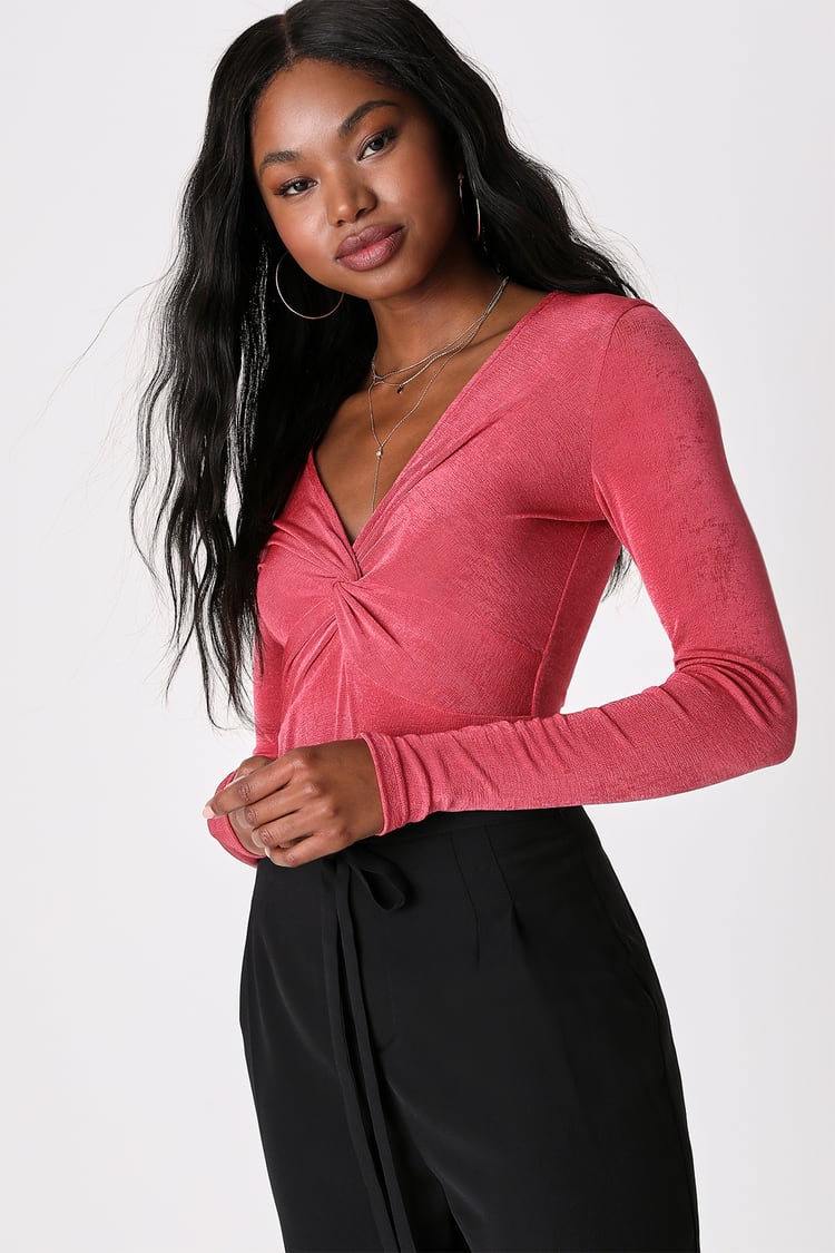 Elevated Ensemble Rose Pink Twist-Front Long Sleeve Bodysuit