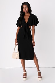 Summer Journey Black Tie-Front Cutout Midi Dress
