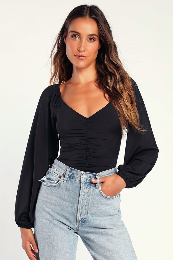 Black Ruched Top - Long Sleeve Bodysuit - Women's Tops - Lulus