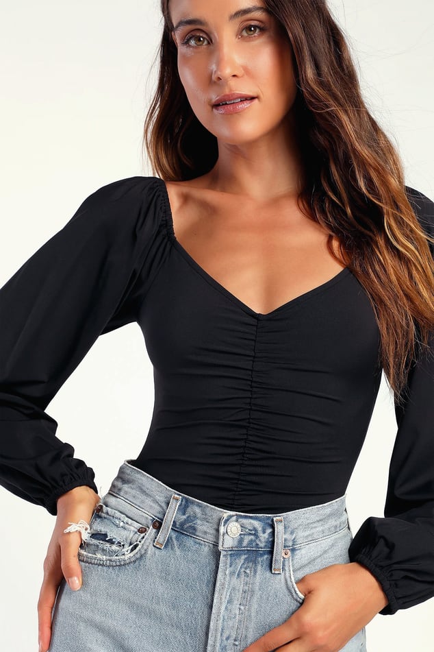 Black Long Sleeve Bodysuit - Notched Bodysuit - Women's Tops - Lulus