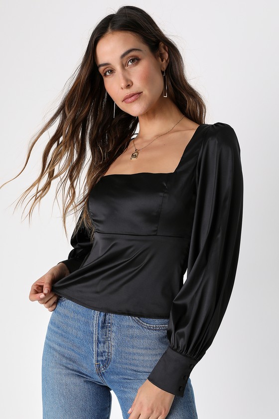 Black Satin Top - Square Neck Top - Shoulder Pad Top - Lulus