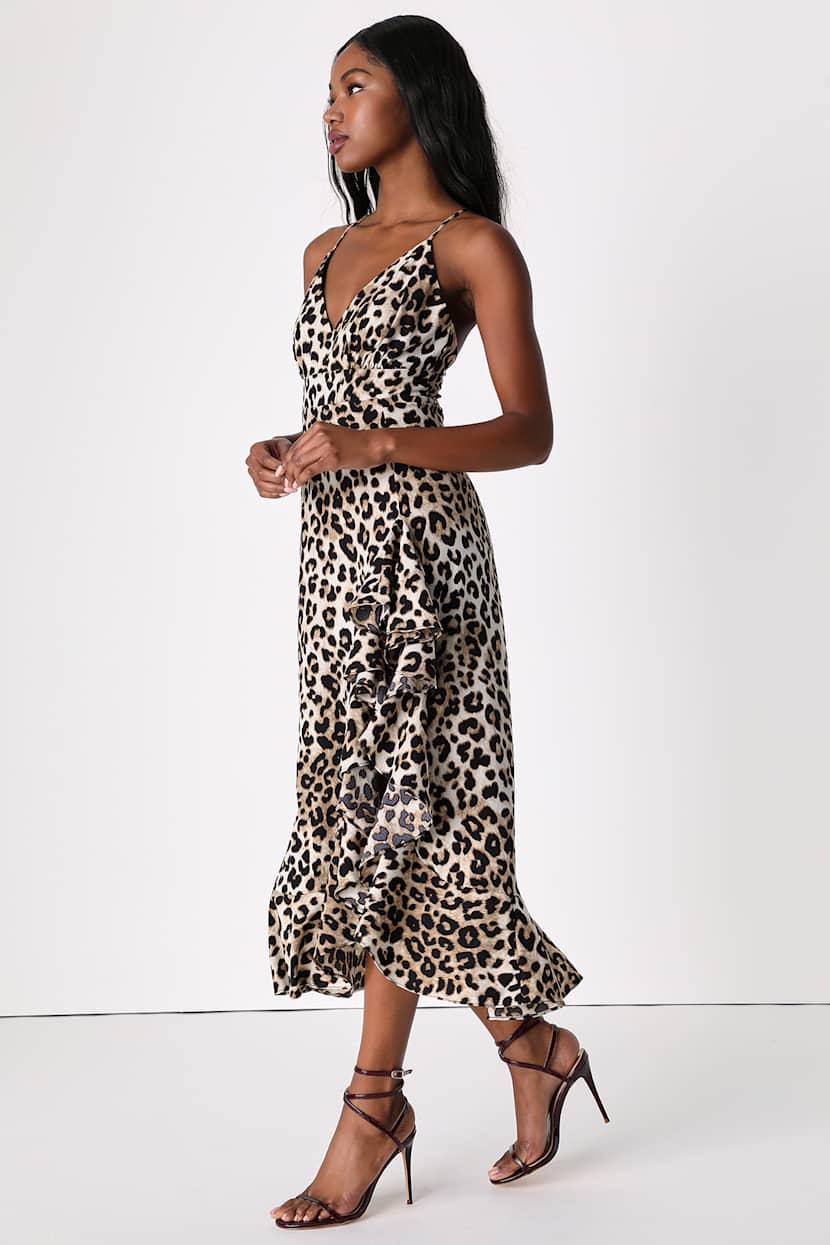 beige leopard dress and Black Midi - Print Dress - Ruffled Dress Partly lined.