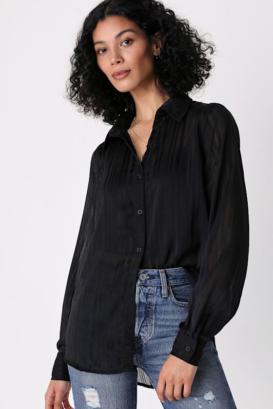 Black ButtonUp Top Semi Sheer Top Shadow Stripe Top Lulus