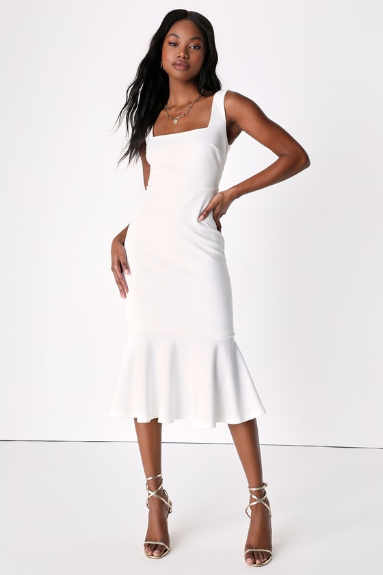 Moment Maker White Square Neck Trumpet Midi Dress