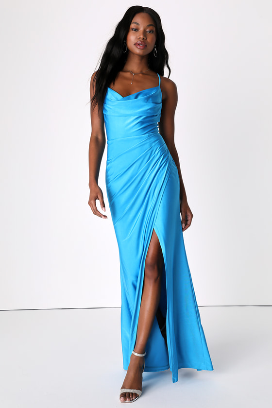 Lulus Attention Seeker Bright Blue Cowl Neck Maxi Dress