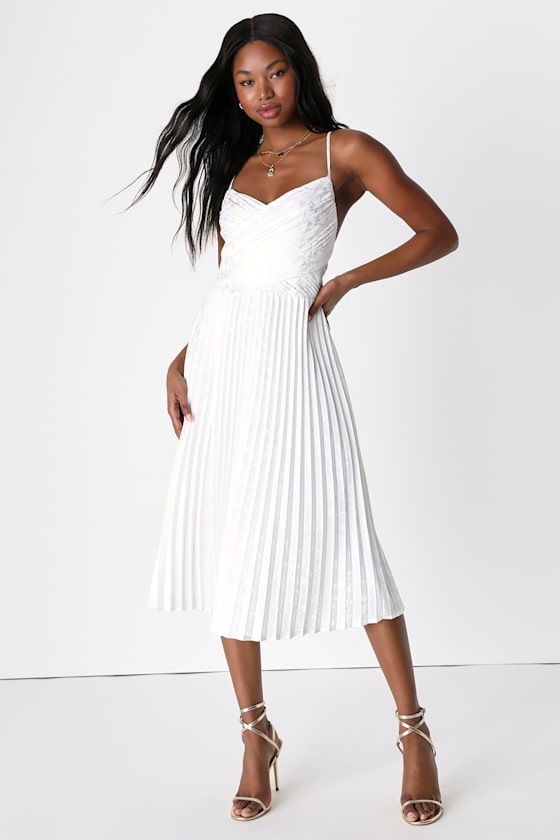 Lulus Pleating Up White Satin Jacquard Pleated Midi Dress